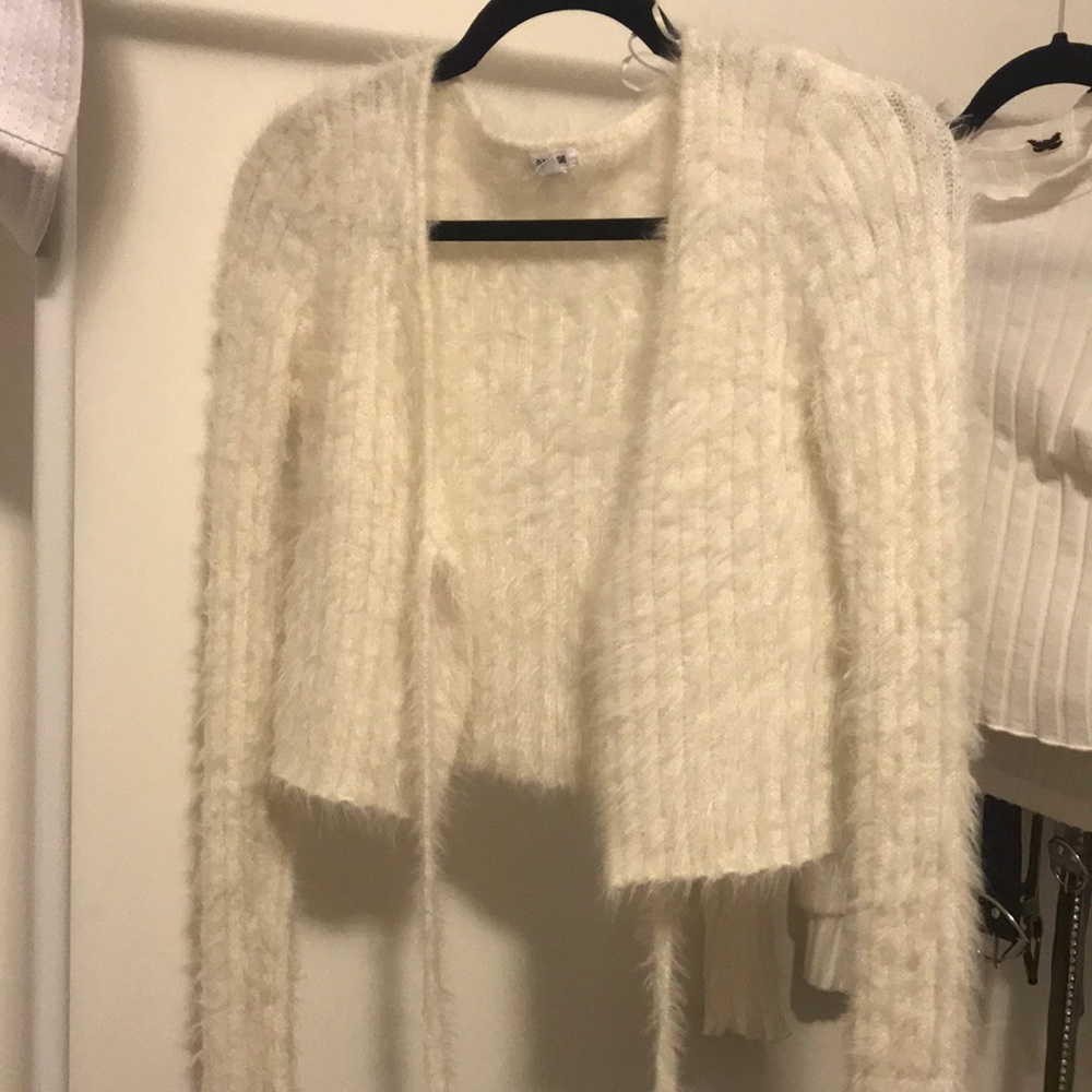 fuzzy white tie front sweater cardigan